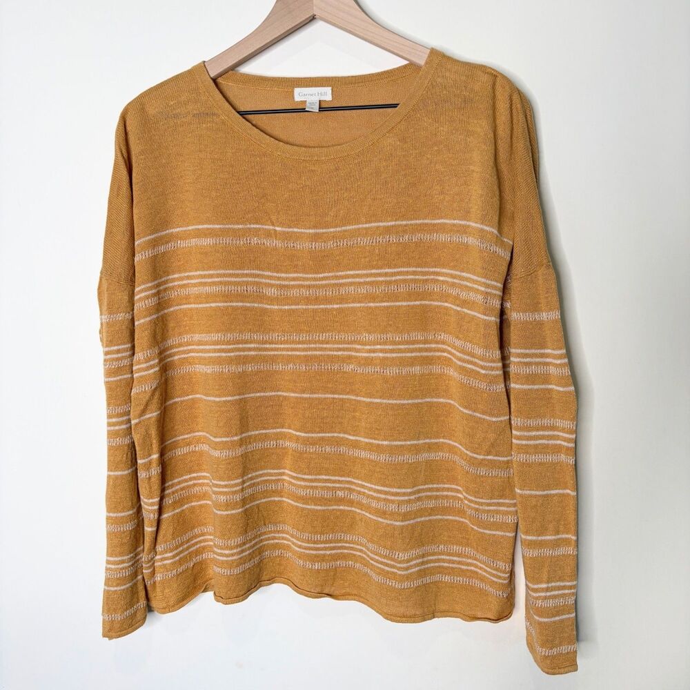 Garnet Hill Long Sleeve Top 100% Organic Linen Striped Orange Oversized Women M